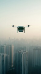 Cinematic Drone Delivery Futuristic Green Package in Urban Skyline - Sustainable Logistics and Innovative Engineering for Smart Cities and Eco-Friendly Business Solutions