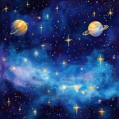 Naklejka premium Celestial Scene with Planets and Sparkling Stars in a Night Sky