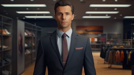 Fototapeta premium Confident Businessman in Grey Suit Walking Through Office Corridor