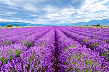 Expansive lavender field under a cloudy sky, showcasing vibrant purple rows with distant mountains
