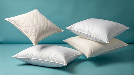 Soft white pillows float weightlessly in mid-air against a pastel blue background. The clean, quilted fabric and smooth textures create a cozy, calming, and comfortable sleep-related aesthetic.