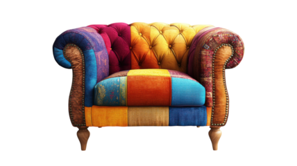 Colorful patchwork armchair showcasing vibrant textiles and unique design in a cozy living space
