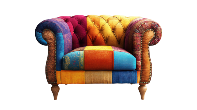 Colorful patchwork armchair showcasing vibrant textiles and unique design in a cozy living space