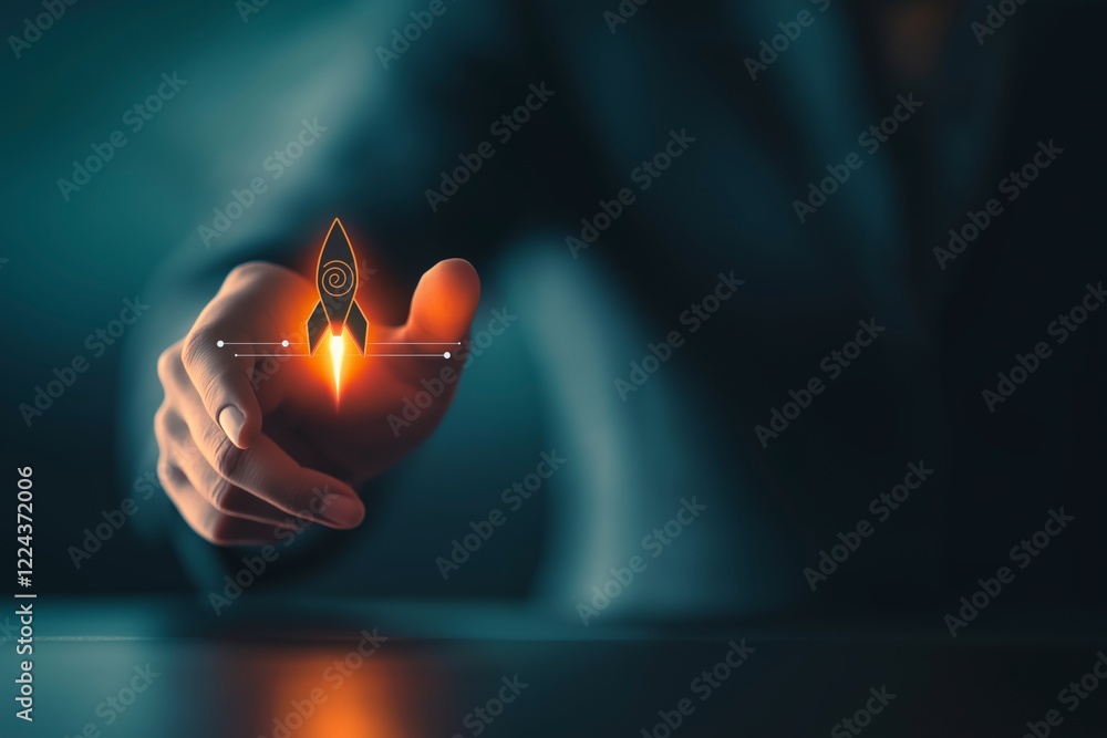 Poster hand reaching towards rocket icon signifying innovation and growth in business and technology concep