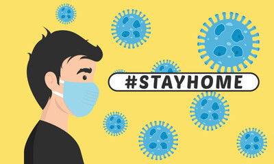 Stay home vector content on a white background. #stayhome background. man wearing mask.