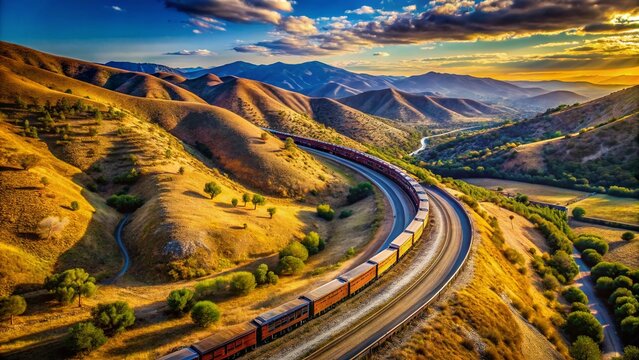 Aerial View of Freight Train on Tehachapi Loop, California Railroad Spiral