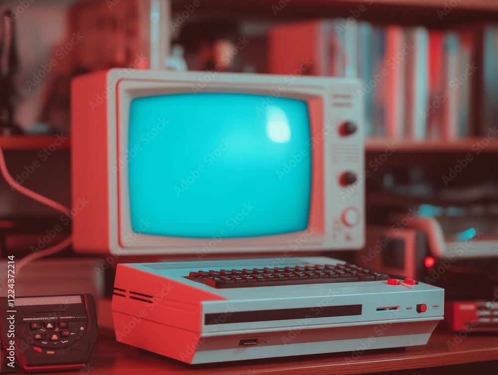 Poster nostalgic gaming experience retro crt display with classic consoles and cartridges - unique arcade a