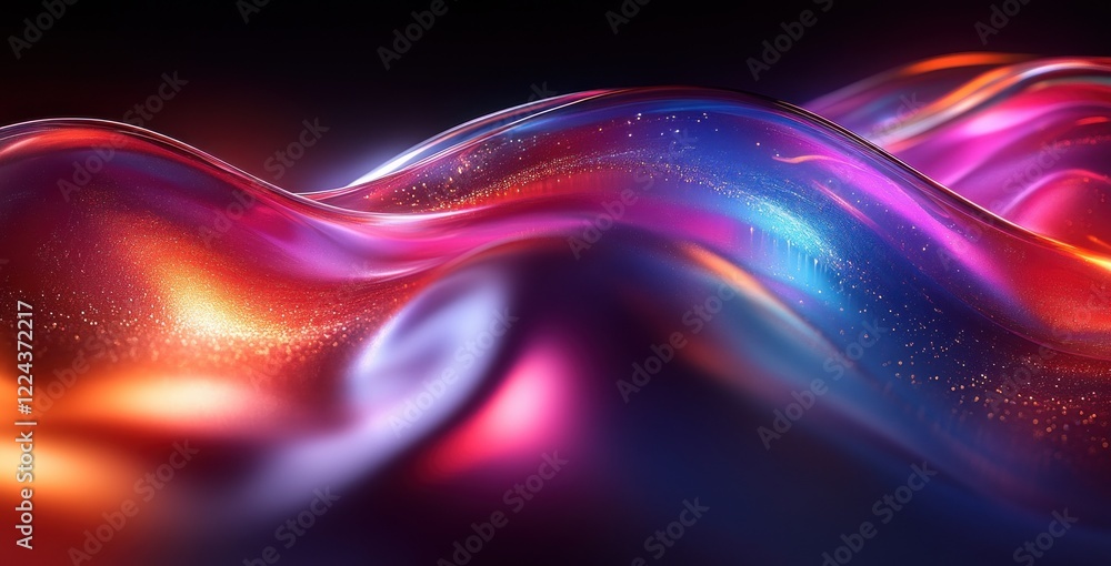 Poster abstract iridescent metallic curved lines with diffused light on black background