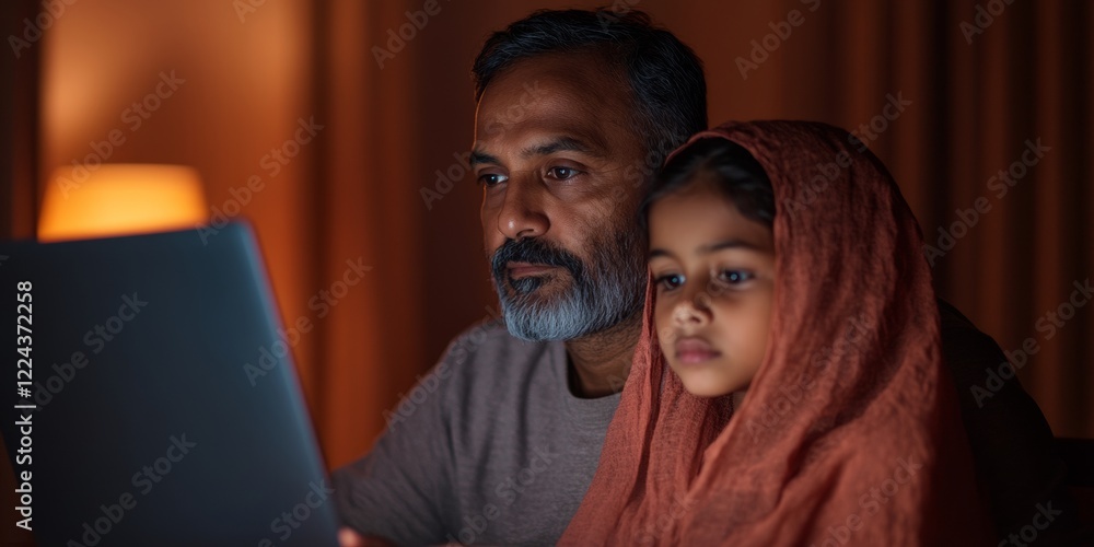 Poster warm modern tech indian family embraces remote work on laptops and tablets at home - enhancing digit