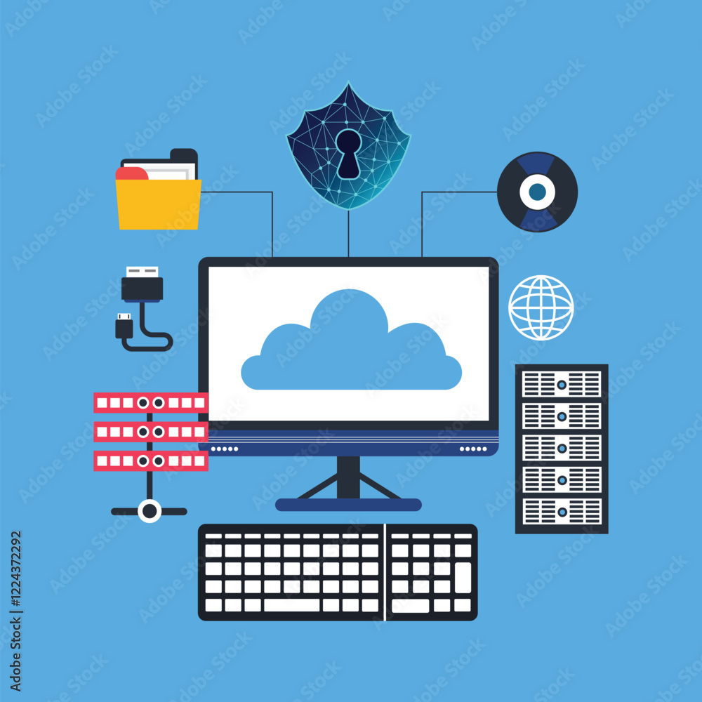 Poster business technology cloud computing service concept and datacenter storage server connect on cloud