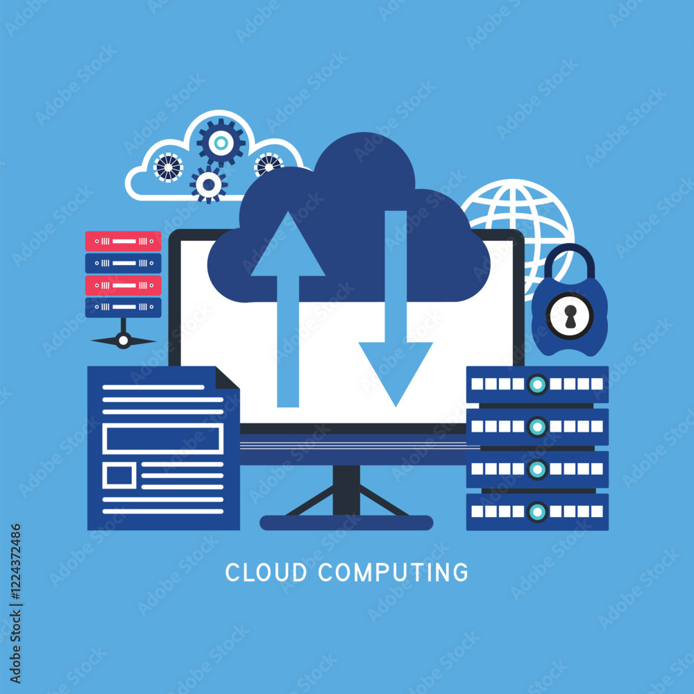 Poster cloud storage concept. computer connected with cloud