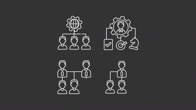 Corporate hierarchy animation library. Organizational structure animated white line icons. Employees management. Black illustrations on white background. HD video with alpha channel. Motion graphic