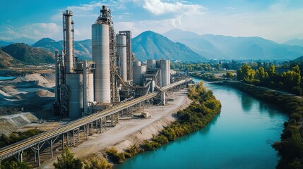 Obraz premium Large cement factory by a river, mountains in background. Illustrates industrial impact on nature, ideal for environmental reports.