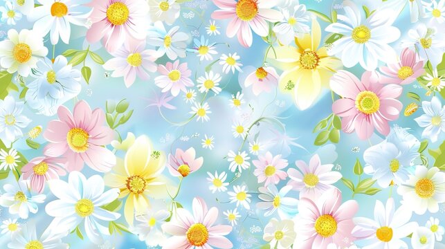 A charming spring background adorned with an array of spring flowers and delicate daisies. The vibrant colors and sweet scents of these blossoms create a refreshing and inviting atmosphere 