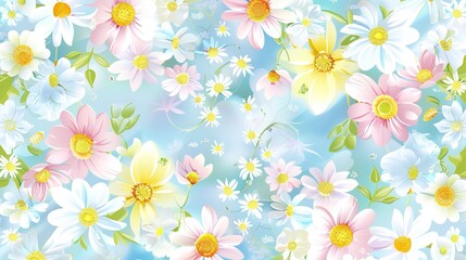 A charming spring background adorned with an array of spring flowers and delicate daisies. The vibrant colors and sweet scents of these blossoms create a refreshing and inviting atmosphere 