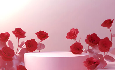 round podium and red roses, mock up for product presentation..Empty podium with Red roses frame around the podium.for Valentine's Day.mock up for product presentation. 