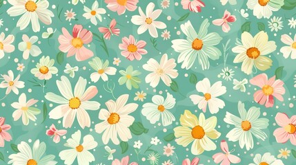 Obraz premium A charming spring background adorned with an array of spring flowers and delicate daisies. The vibrant colors and sweet scents of these blossoms create a refreshing and inviting atmosphere 