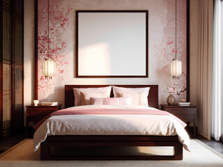 Blank picture frame and New Chinese bedroom mockup with dark wood bed, pale pink and beige antique colours, classic interior design and mockup. 3D render 300dpi