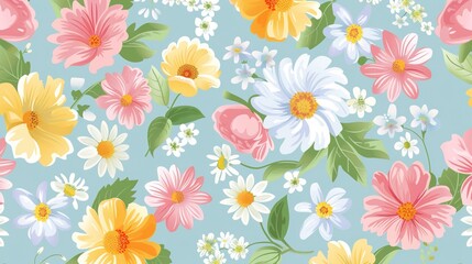 A charming spring background adorned with an array of spring flowers and delicate daisies. The vibrant colors and sweet scents of these blossoms create a refreshing and inviting atmosphere 