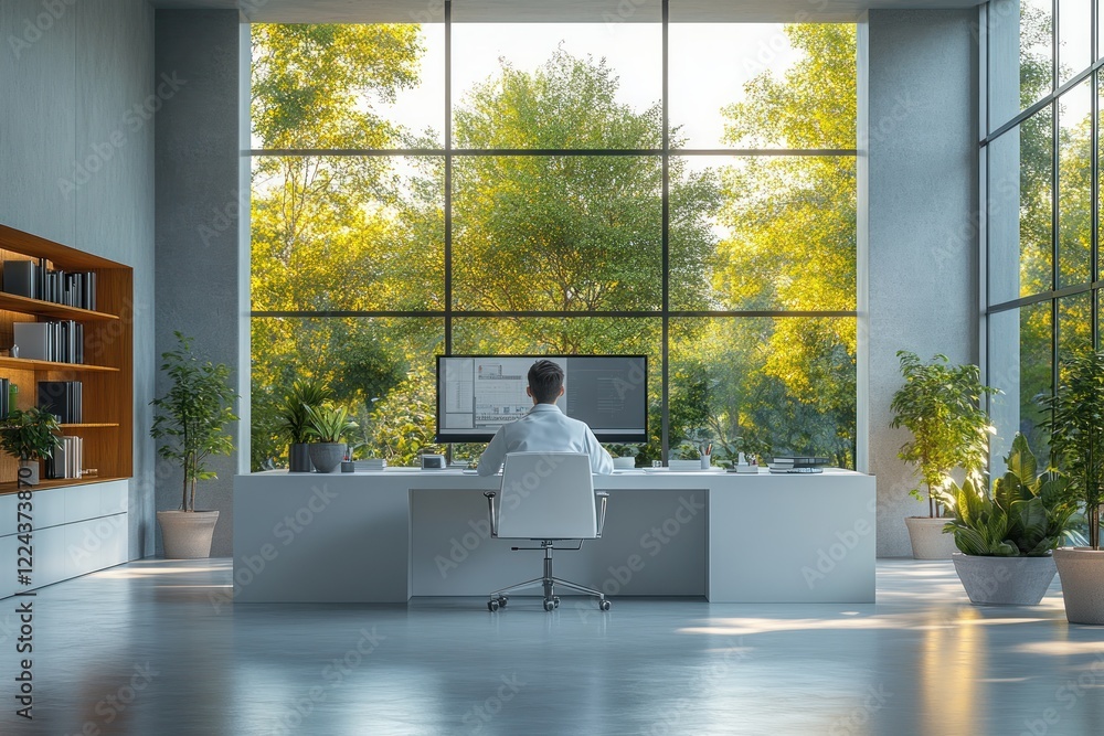Poster office worker in white uniform at desk with computer