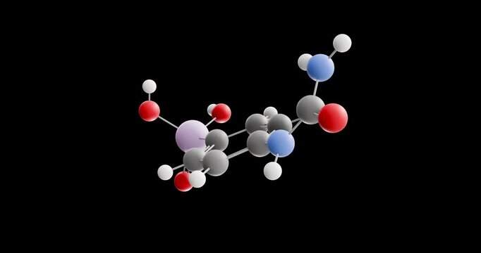 Carbarsone molecule, rotating 3D model of antiprotozoal drug, looped video on a black background
