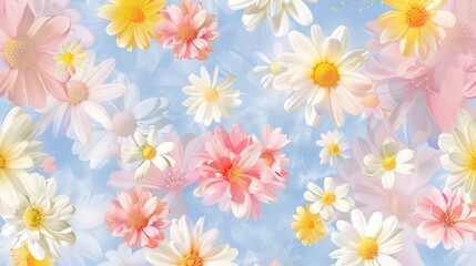 A charming spring background adorned with an array of spring flowers and delicate daisies. The vibrant colors and sweet scents of these blossoms create a refreshing and inviting atmosphere 
