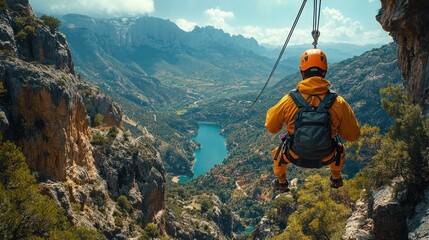 Obraz premium Ziplining Adventure Over Stunning Mountain Landscape