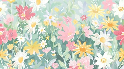 A charming spring background adorned with an array of spring flowers and delicate daisies. The vibrant colors and sweet scents of these blossoms create a refreshing and inviting atmosphere 