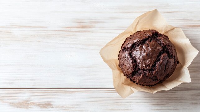 A chocolate muffin wrapped in brown paper, placed on the table with its front facing the camera. The background is plain white and neutral