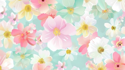 Fototapeta premium A charming spring background adorned with an array of spring flowers and delicate daisies. The vibrant colors and sweet scents of these blossoms create a refreshing and inviting atmosphere 