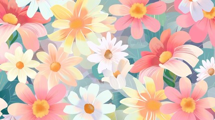 A charming spring background adorned with an array of spring flowers and delicate daisies. The vibrant colors and sweet scents of these blossoms create a refreshing and inviting atmosphere 