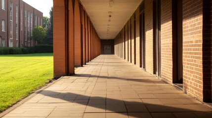 Sunlit brick corridor with lawn view.