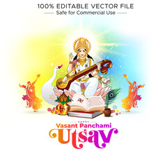 Card design for Happy Vasant Panchami. Goddess Saraswati puja, festival of Indian.
