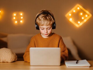 Cozy Tech-Savvy Education Young Boy in Minimalist Bedroom with Laptop and Headphones - Modern Homeschooling Design for Digital Learning Engagement
