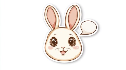Sticker design with a white background, featuring a cartoon rabbit head with a speech bubble, simple lines, and a cute appearance.