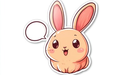 Obraz premium Sticker design with a white background, featuring a cartoon rabbit head with a speech bubble, simple lines, and a cute appearance.