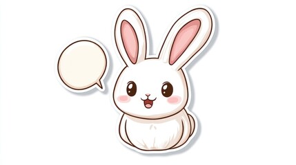 Fototapeta premium Sticker design with a white background, featuring a cartoon rabbit head with a speech bubble, simple lines, and a cute appearance.