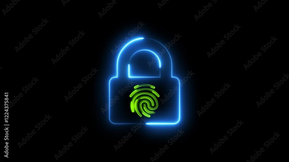 Poster glowing neon finger security lock icons. shield lock with tech lock icon. digital security icon isol