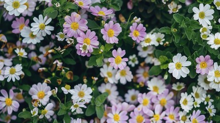 A charming spring background adorned with an array of spring flowers and delicate daisies. The vibrant colors and sweet scents of these blossoms create a refreshing and inviting atmosphere 