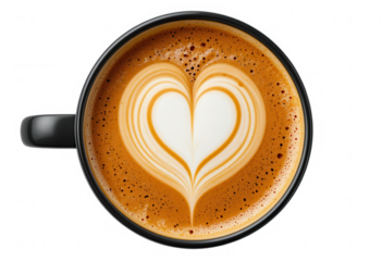 Top view of black cup filled with cappuccino featuring heart-shaped latte art. Isolated on transparent background. cut out