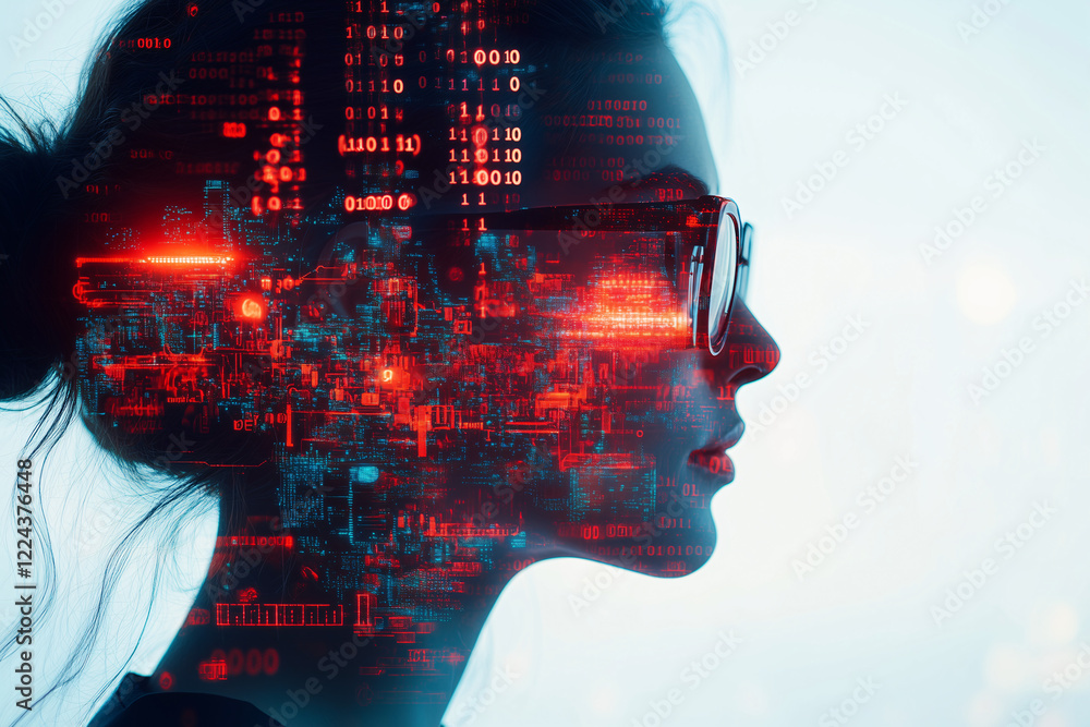 Poster digital mind: a captivating double exposure photograph of a woman's face layered with intricate bina