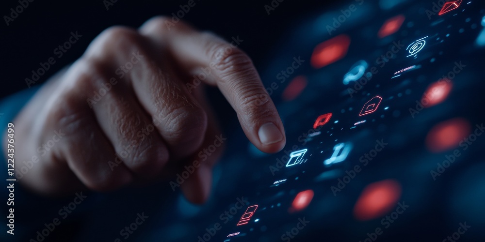 Poster futuristic smart home interface in cold blue minimalist holographic icons on touch panel enhancing m