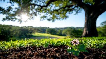 Obraz premium Close Up of a Delicate Wildflower in a Lush Green Field with a Majestic Oak Tree and Sunlit Landscape in the Background