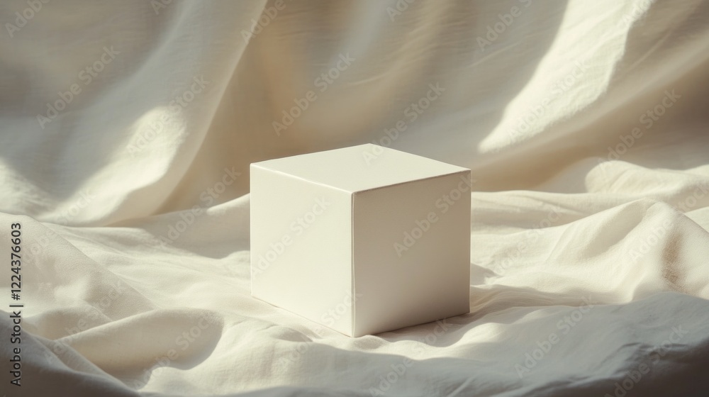Poster minimalist presentation with a white cube on draped fabric and soft sunlight