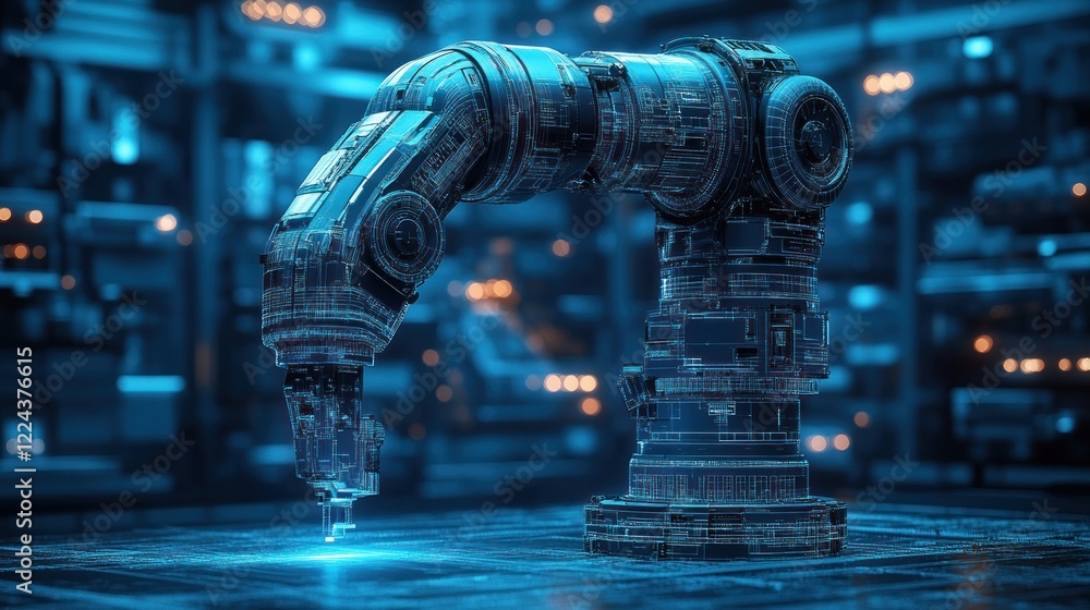 Poster robotic arm blueprint in technical drawing style with soft blue lighting for modern automation