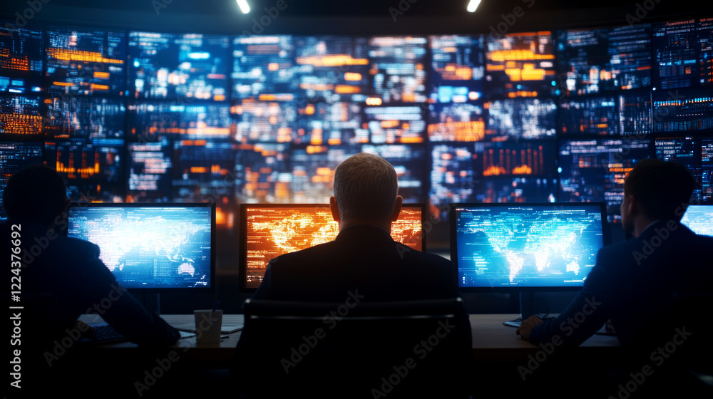 Poster data monitoring professionals analyzing security threats in a high-tech control room environment fro