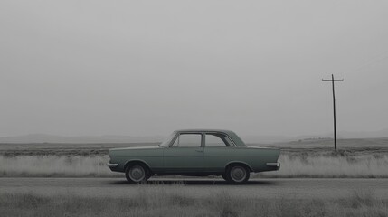 Vintage car on a deserted road in a misty landscape.
