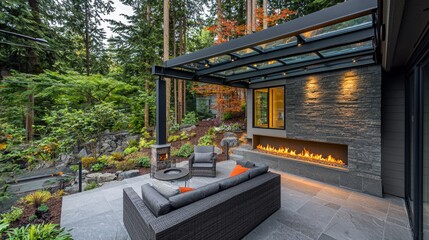 Fototapeta premium Modern outdoor living space with fireplace and lush greenery in a serene forest setting