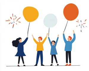 Joyful Celebration with Friends Holding Colorful Balloons and Sparklers