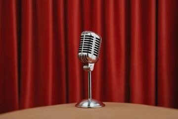 Retro-Chic Media Chrome Microphone on Burgundy Velvet - Vintage Broadcasting Icons for Modern Content and Creative Entertainment Marketing